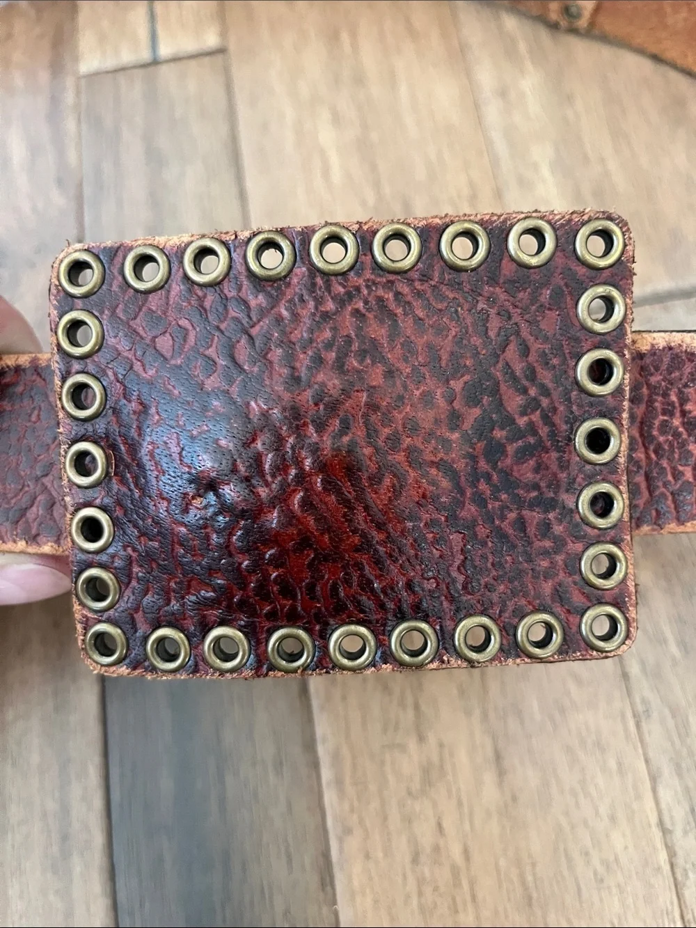 Vintage Men's Distressed Leather Belt with Studded Square Buckle